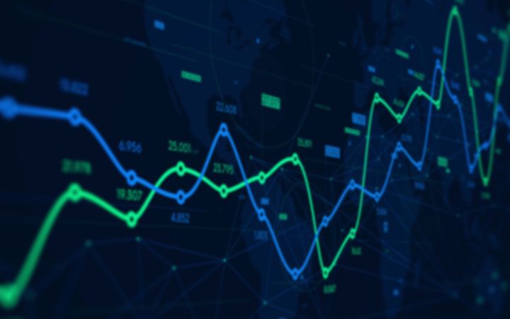 Blue and green lines connect data points on a computer screen